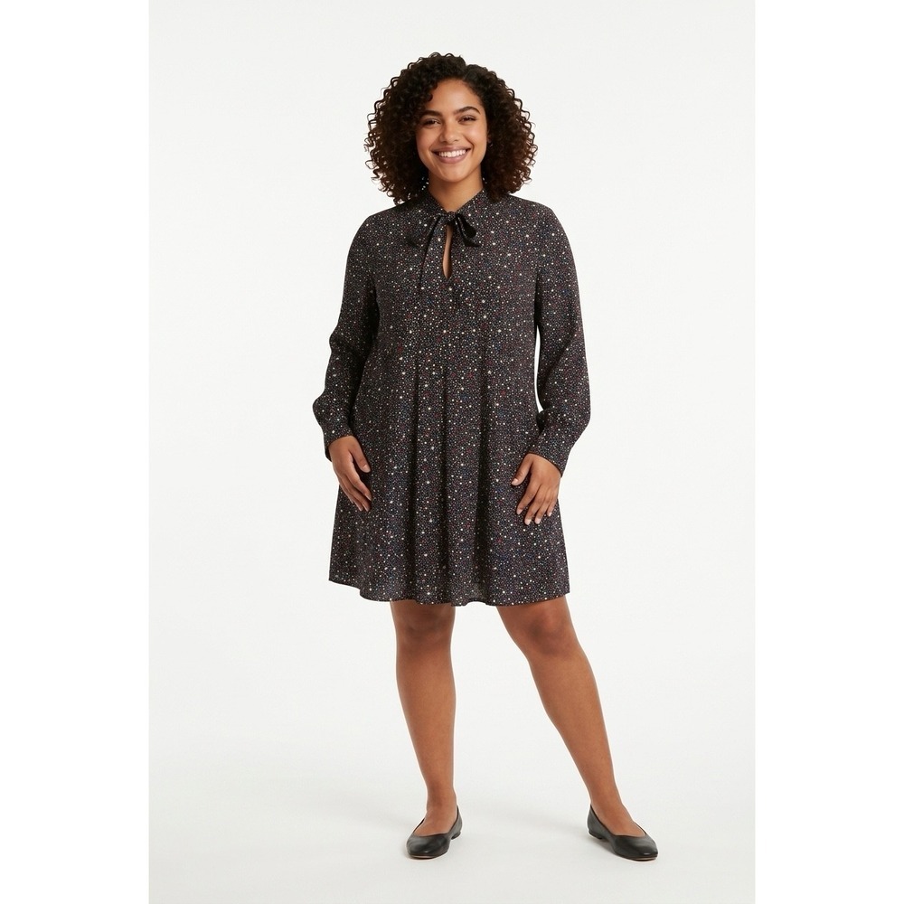 Star Print Tie Neck Long Sleeve Shift Dress Navy Blue Red White Keyhole size 14